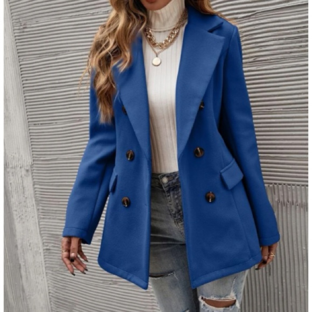Classic Blue Double Breast Button Up Jacket Coat